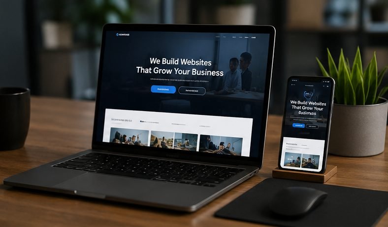 Website mockup displayed on a laptop and phone