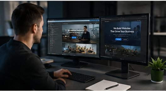 Developer building the website on dual monitors